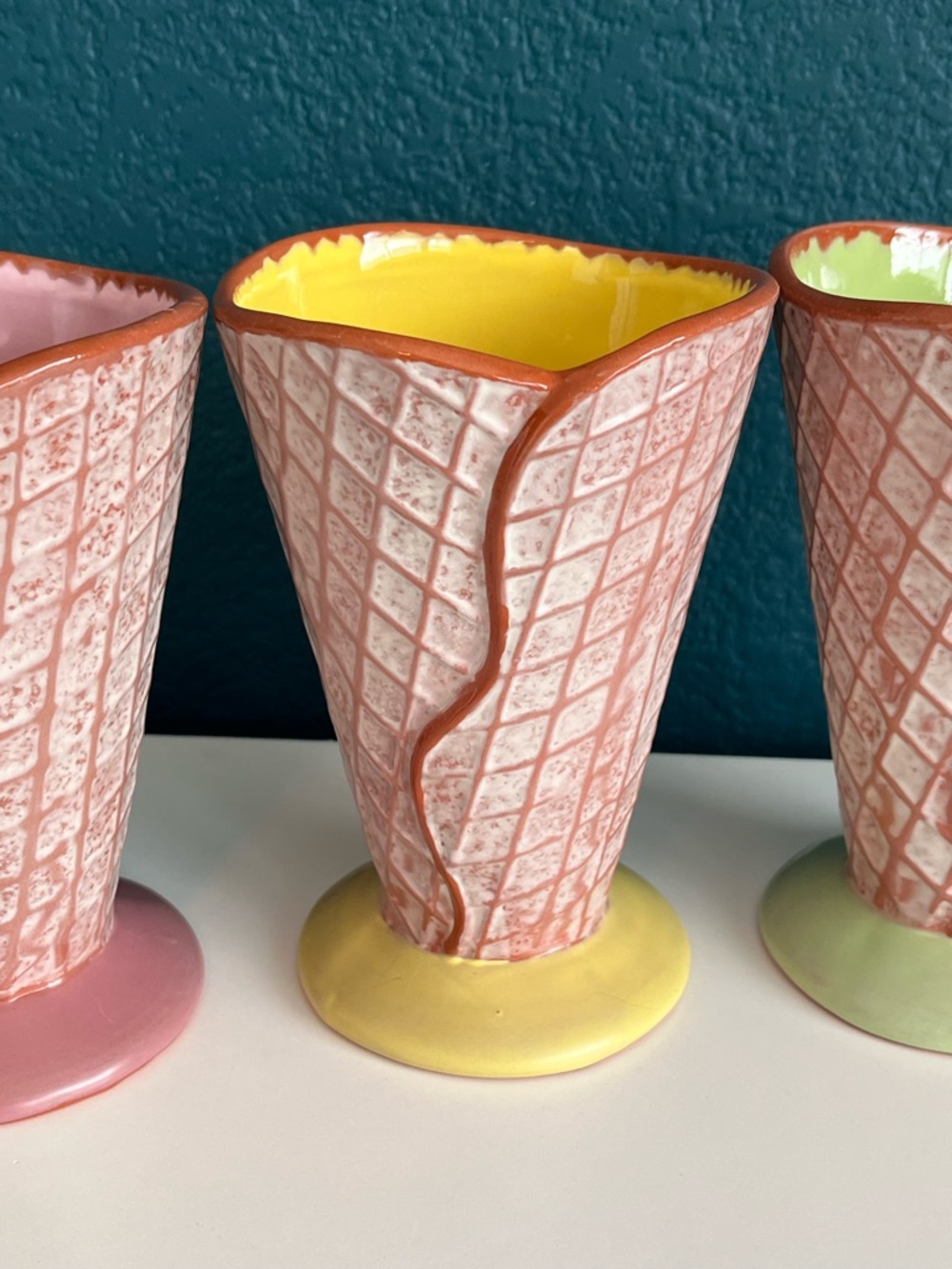 Vintage Hallmark Ceramic Ice Cream Waffle Cone Sundae Cups x3 - Picture 3 of 9